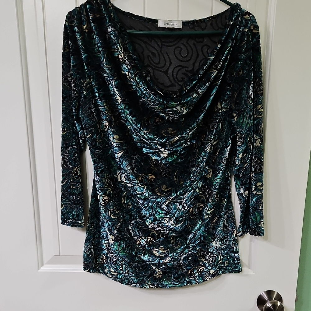Dress Barn Teal and Black Velvet Style Whimsygoth Holiday Drape Neck Blouse